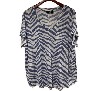 Tahari Women's Blue White Zebra Print Linen Top Size 2X